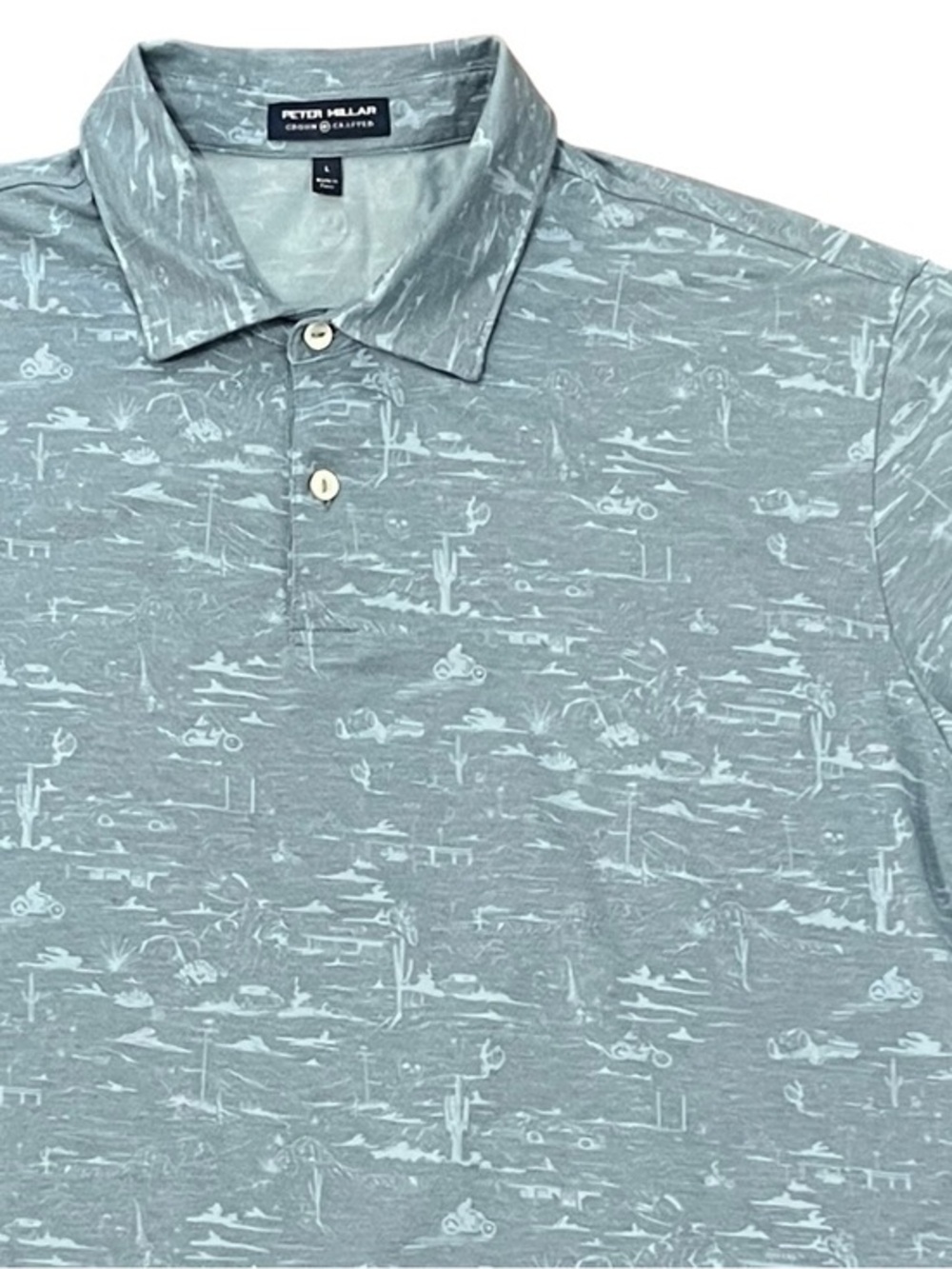 Peter Millar Crown Comfort Pique Polo L Blue Gray Desert Motorcycle Print